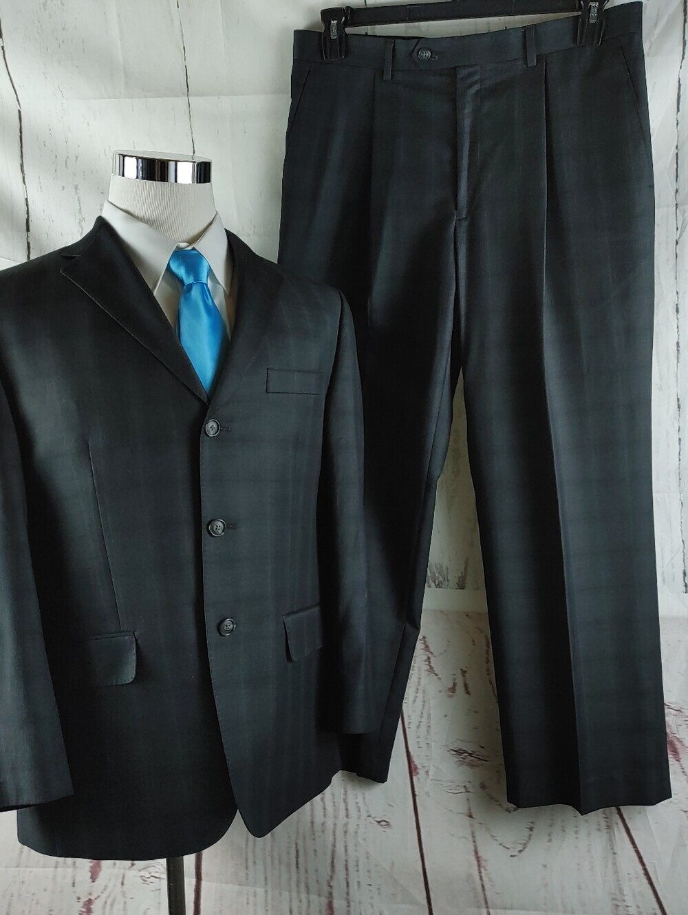 Sean John Men 40S Gray Windowpane 3 Button 2 Pc Career Suit Pleated Pants 33x27½